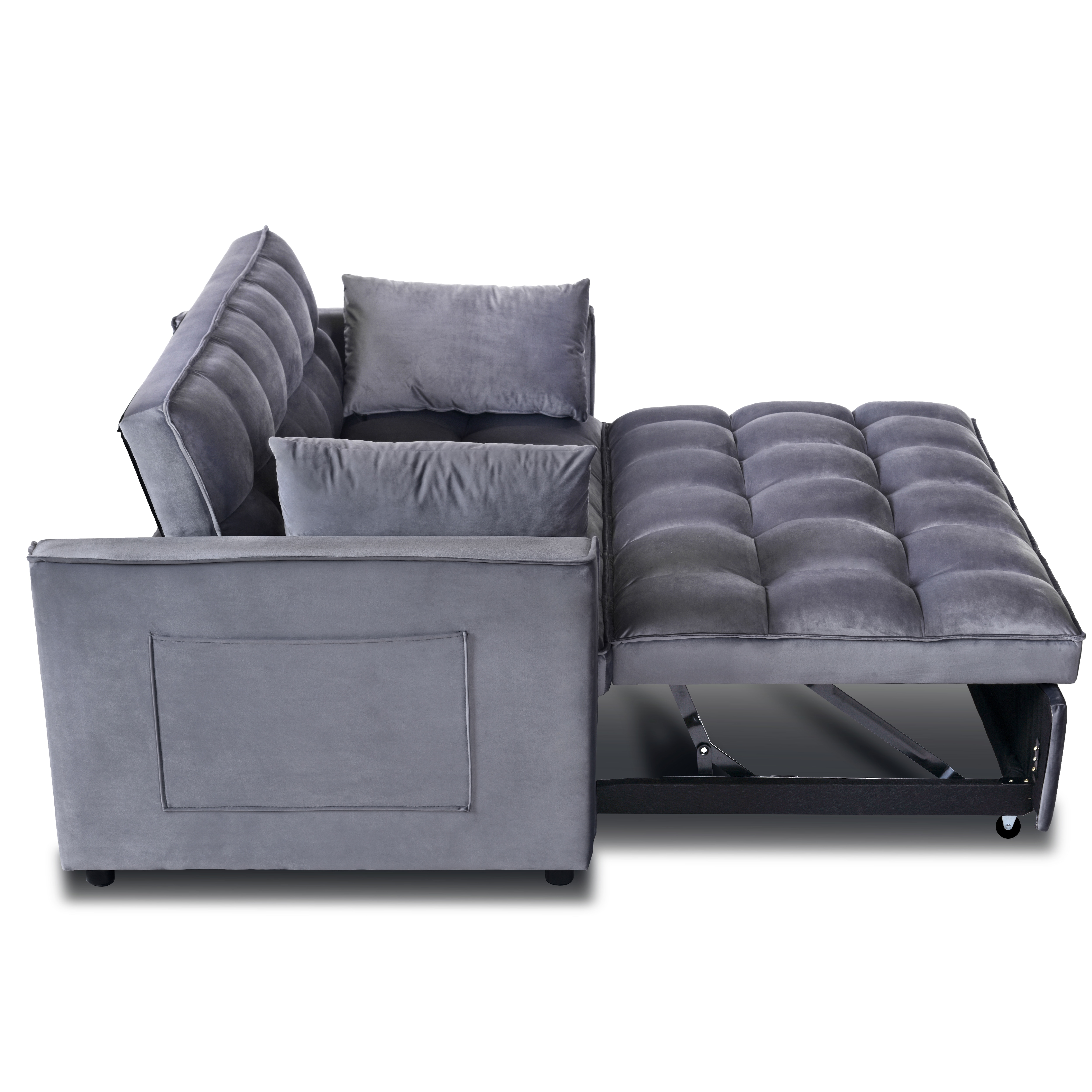 Convertible Sofa Bed, 3-in-1 Velvet Sleeper Sofa Couch With Pullout Bed, Pull Out Couch With Side Pockets And Adjustable Backrest, Sectional Sofa For Living Room, Grey, Made In Vietnam_maomaolike.com